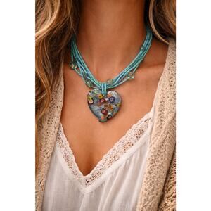 Millefiori Glass Heart Pendant Multi Strand Turquoise Bead Necklace Boho